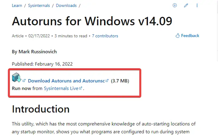 Download Autoruns for Windows tool