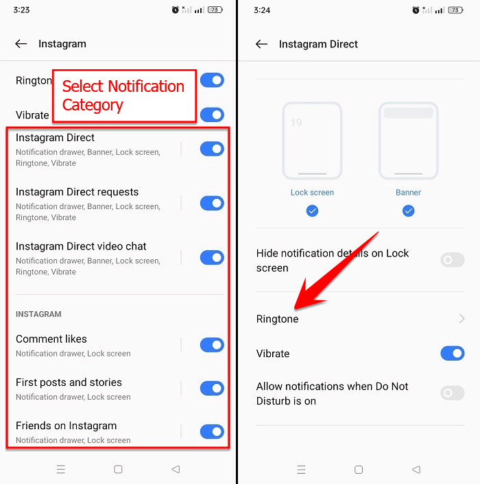 Select notification category to change Instagram notification sound