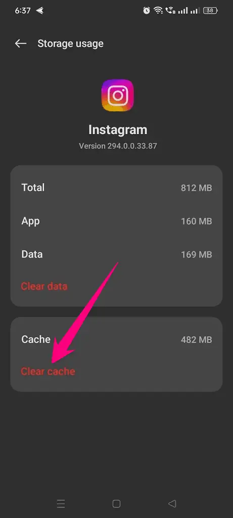 Tap Clear Cache to delete Instagram app cache